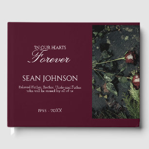 Elegant Burgundy Forever in Our Hearts Funeral Guest Book