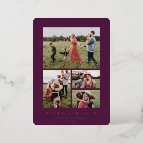 Elegant Burgundy Frame 4 Photo Happy New Year Foil Holiday Card