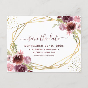 Elegant Burgundy Geometric Floral Save the Date Announcement Postcard