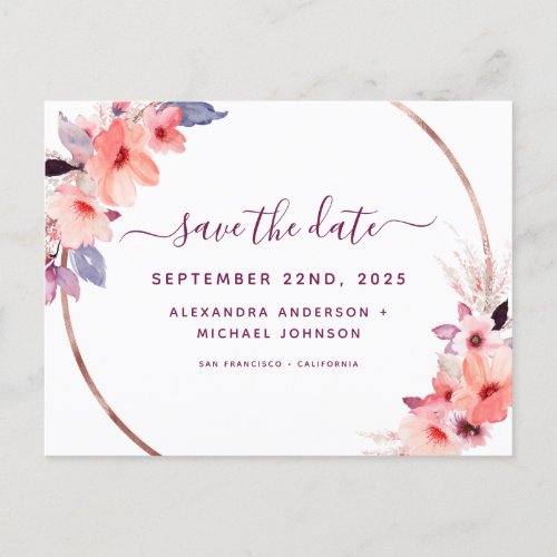 Elegant Burgundy Geometric Floral Save the Date Announcement Postcard