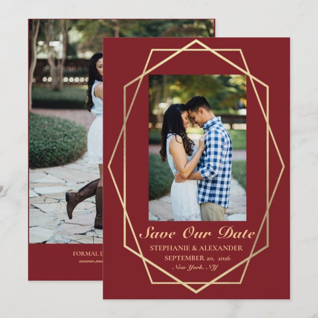 Elegant Burgundy Geometric Gold Frame Wedding Save The Date (Front/Back)