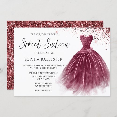 Elegant Burgundy Glitter Gown Sweet 16 Party Invitation