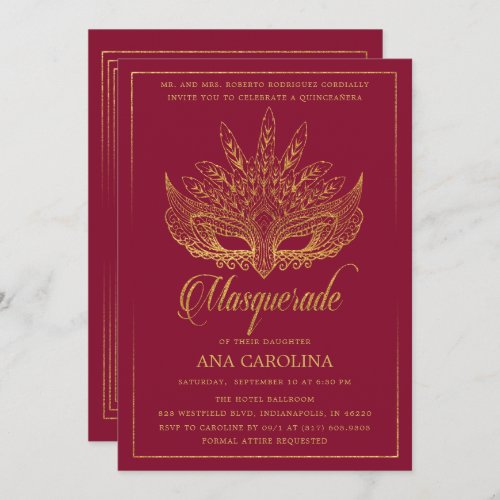 Elegant Burgundy Glitter Masquerade Quinceaera Invitation