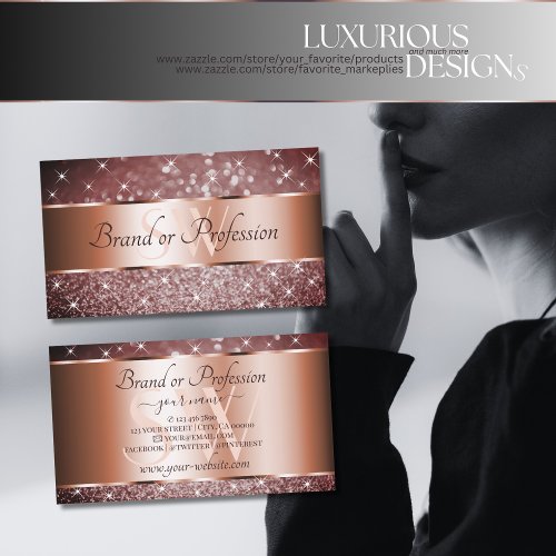 Elegant Burgundy Glitter Stars Monogram Rose Gold Business Card