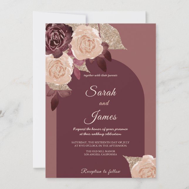 Elegant Burgundy Glittery Watercolor Roses Wedding Invitation (Front)