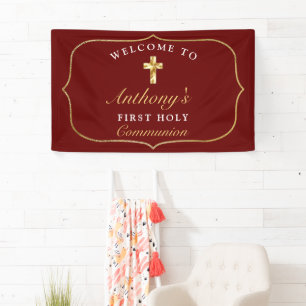 Elegant Burgundy Gold 1st Holy Communion Welcome Banner