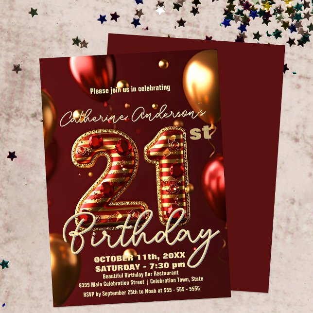 Elegant Burgundy & Gold 21st Birthday Celebration Invitation (Creator Uploaded)