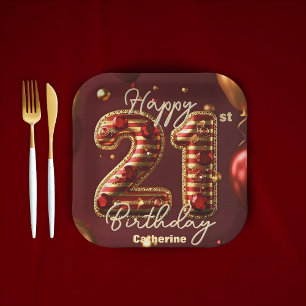 Elegant Burgundy & Gold 21st Birthday Celebration Paper Plates