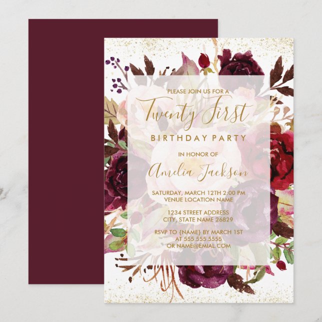 Elegant Burgundy Gold 21st Birthday Invitation (Front/Back)