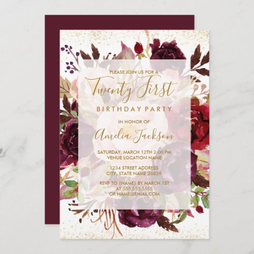 Elegant Burgundy Gold 21st Birthday Invitation