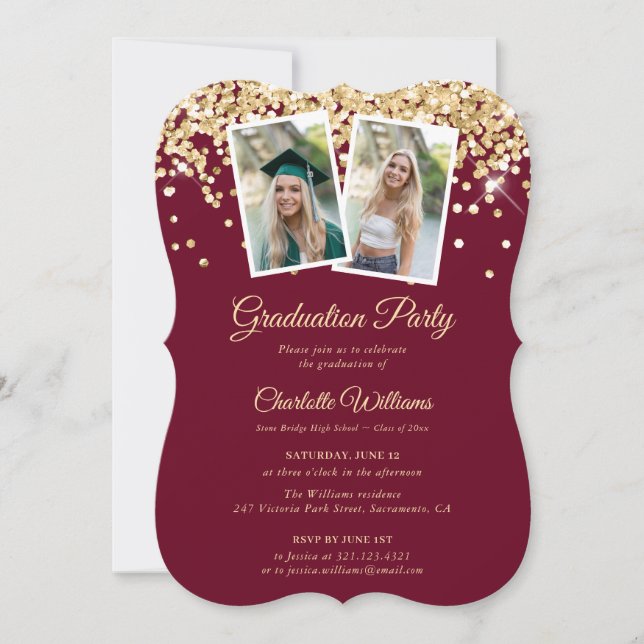 Elegant Burgundy Gold 2 Photo Graduation Party Invitation (Front)