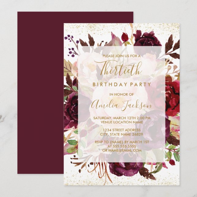 Elegant Burgundy Gold 30th Birthday Invitation (Front/Back)