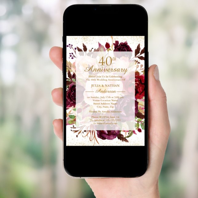 Elegant Burgundy Gold 40th Wedding Anniversary Invitation (Front Digital)