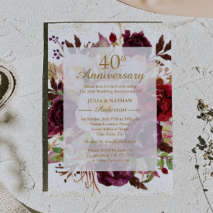 Elegant Burgundy Gold 40th Wedding Anniversary Invitation