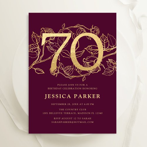 Elegant Burgundy Gold 70th Birthday Invitation