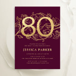 Elegant Burgundy Gold 80th Birthday Invitation<br><div class="desc">Elegant burgundy maroon gold 80th birthday party invitation. Customizable dark red marsala wine design featuring roses botanical accents and typography script font. Simple floral invite card perfect for a stylish female bday celebration. Personalize with your own details. Printed Zazzle invitations or instant download digital printable template.</div>