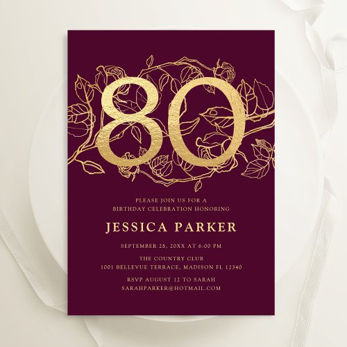 Elegant Burgundy Gold 80th Birthday Invitation