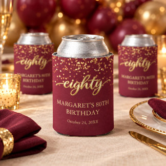 Elegant Burgundy & Gold 80th Birthday Party Can Cooler