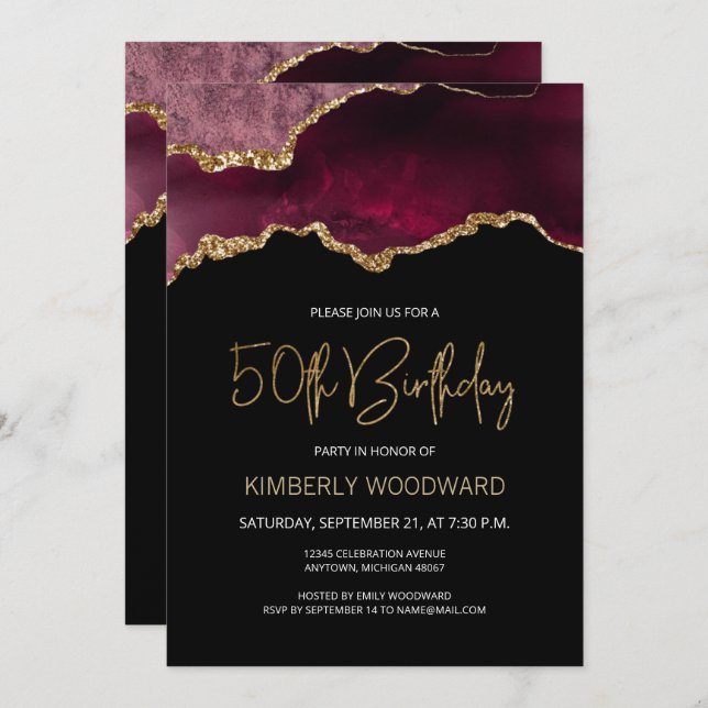 Elegant Burgundy Gold Agate 50th Birthday Party Invitation (Front/Back)