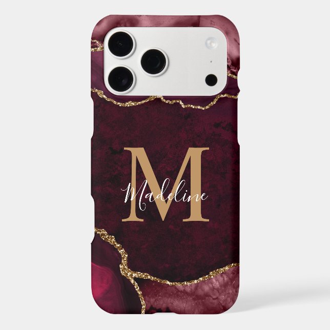 Elegant Burgundy Gold Agate Geode Monogram iPhone Case (Back)