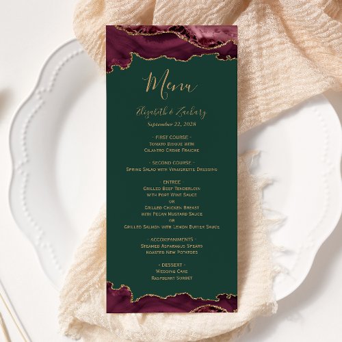 Elegant Burgundy Gold Agate Green Wedding Menu