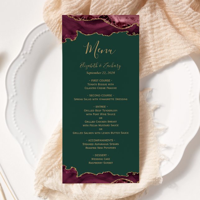 Elegant Burgundy Gold Agate Green Wedding Menu (Creator Uploaded)