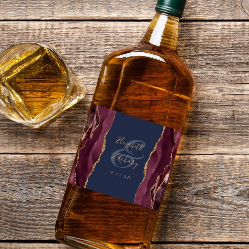 Elegant Burgundy Gold Agate Navy Blue Wedding Liquor Bottle Label