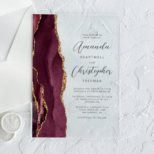 Elegant Burgundy Gold Agate Script Wedding Acrylic Invitations