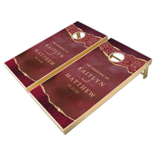 Elegant Burgundy  Gold Agate Wedding Cornhole Set