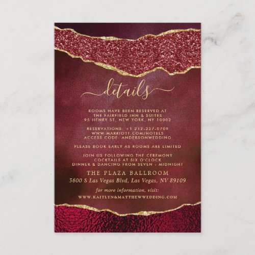 Elegant Burgundy  Gold Agate Wedding Detail Enclosure Card