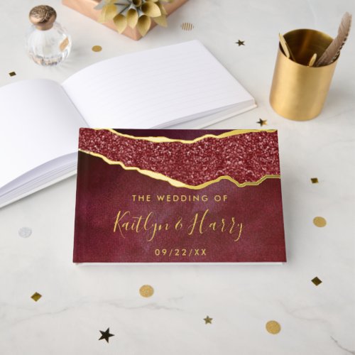 Elegant Burgundy  Gold Agate Wedding Foil Guest Book