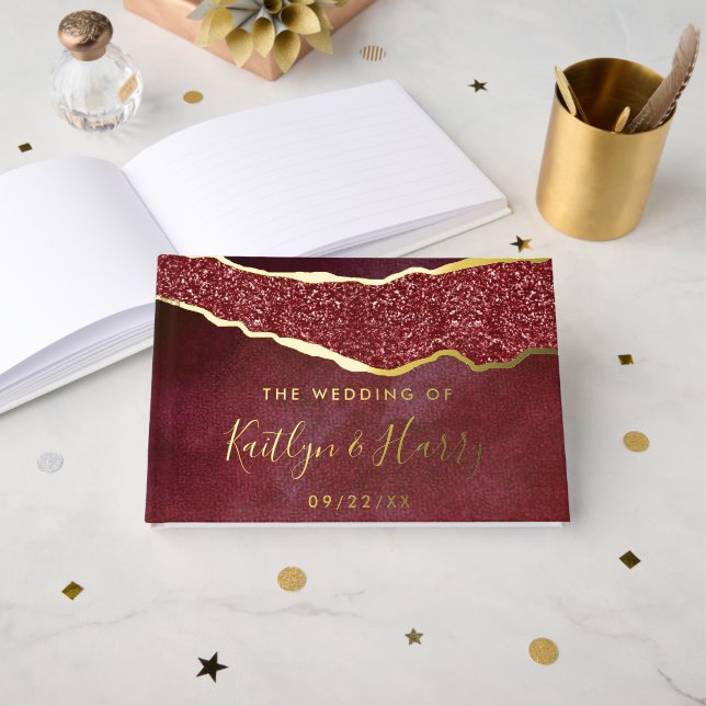 Elegant Burgundy & Gold Agate Wedding Foil Guest Book (Front Open)