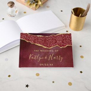 Elegant Burgundy & Gold Agate Wedding Guest Book