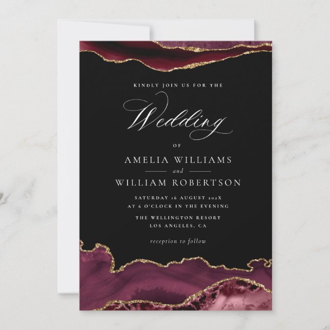 elegant burgundy gold agate wedding invitation (Front)