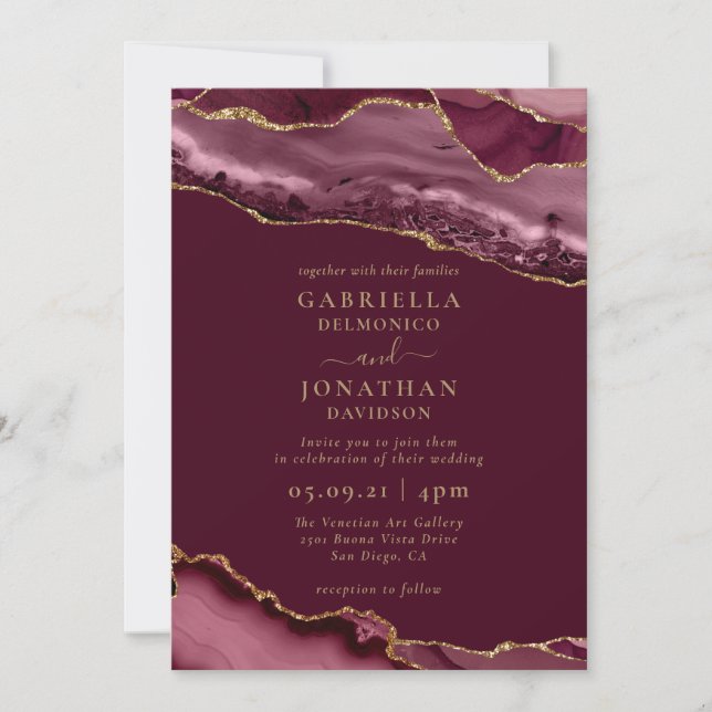 Elegant Burgundy Gold Agate Wedding Invitation (Front)