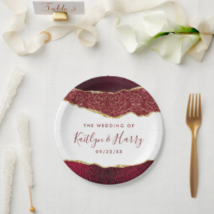 Elegant Burgundy & Gold Agate Wedding Paper Plates