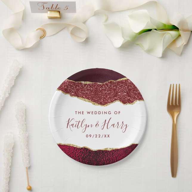 Elegant Burgundy & Gold Agate Wedding Paper Plates (Wedding)