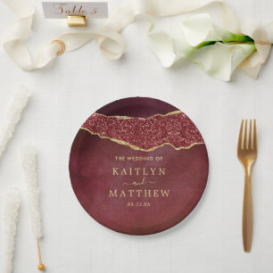 Elegant Burgundy & Gold Agate Wedding Paper Plates