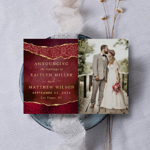 Elegant Burgundy & Gold Agate Wedding Photo Announcement