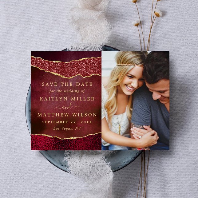 Elegant Burgundy & Gold Agate Wedding Photo Save The Date (Creator Uploaded)