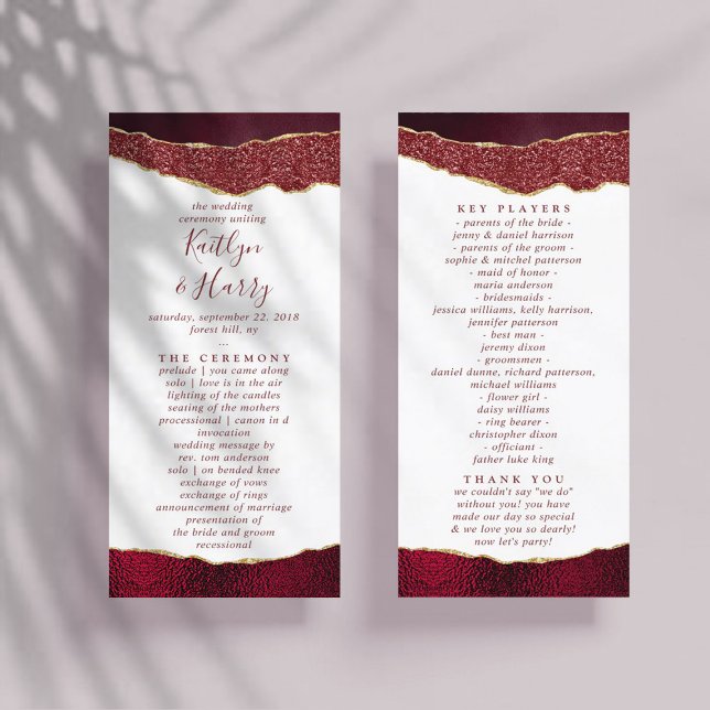 Elegant Burgundy & Gold Agate Wedding Program (Creator Uploaded)