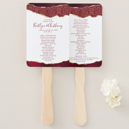 Elegant Burgundy  Gold Agate Wedding Program Hand Fan