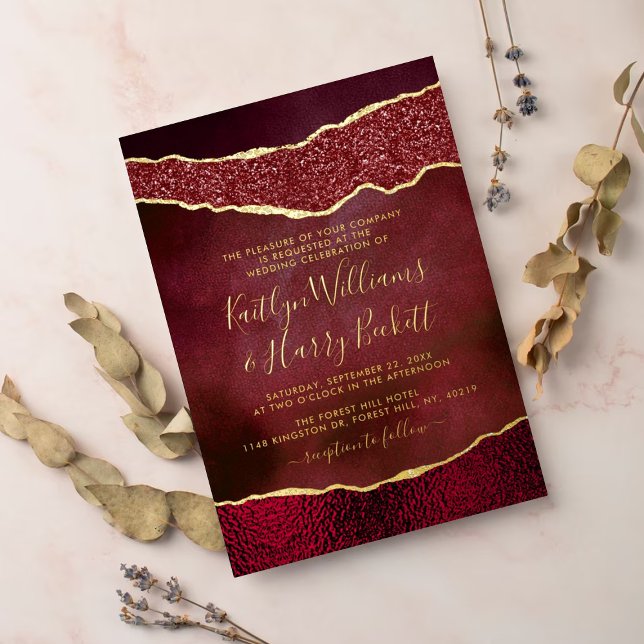 Elegant Burgundy & Gold Agate Wedding Real Foil Invitation (Creator Uploaded)