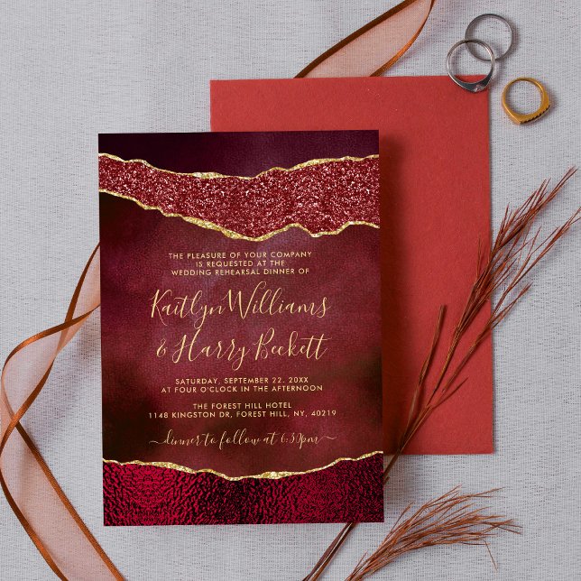 Elegant Burgundy & Gold Agate Wedding Rehearsal Invitation (Creator Uploaded)