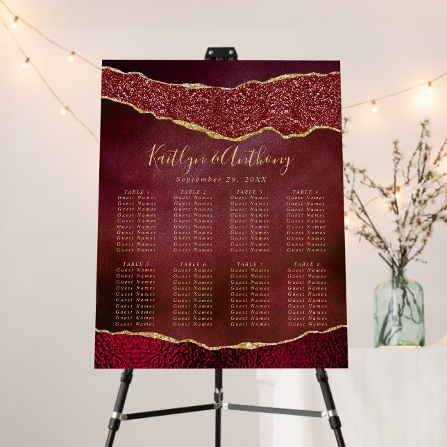 Elegant Burgundy & Gold Agate Wedding Seating Plan Foam Board (In Situ (Stand))