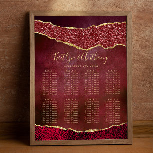 Elegant Burgundy & Gold Agate Wedding Seating Plan Poster