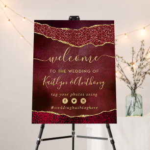 Elegant Burgundy & Gold Agate Wedding Welcome Foam Board