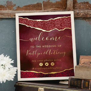 Elegant Burgundy & Gold Agate Wedding Welcome Foil Prints