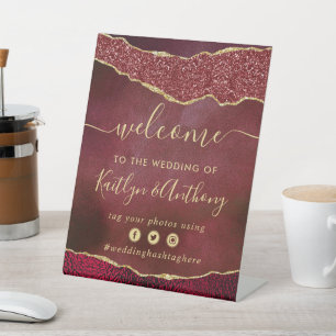 Elegant Burgundy & Gold Agate Wedding Welcome Pedestal Sign