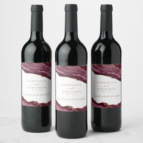 Elegant Burgundy Gold Agate White Wedding  Wine Label
